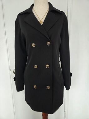Women's Black Double-Breasted Trench Coat with Gold Buttons